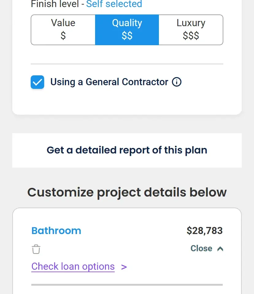 Cost Estimator result mobile